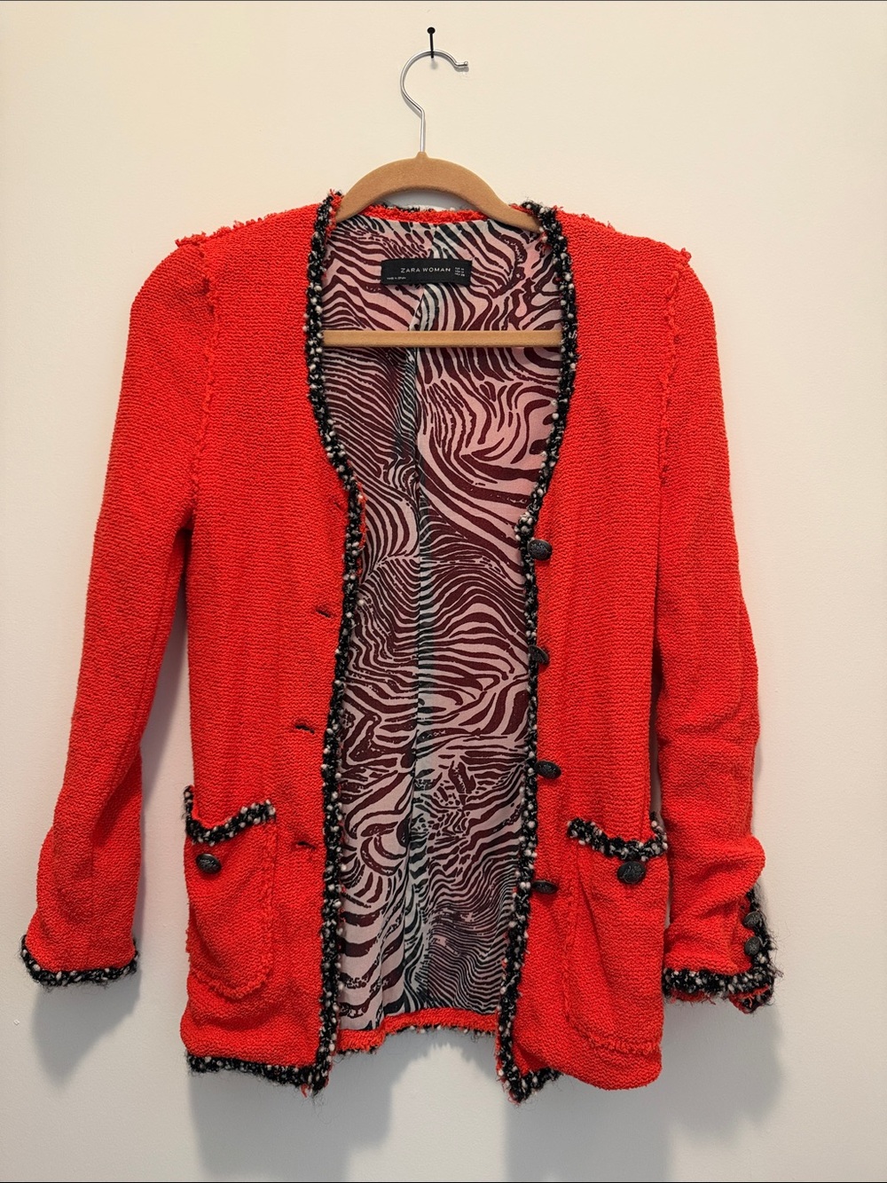 Zara Bright Red Bouclé Open Front Cardigan with Contrast Trim